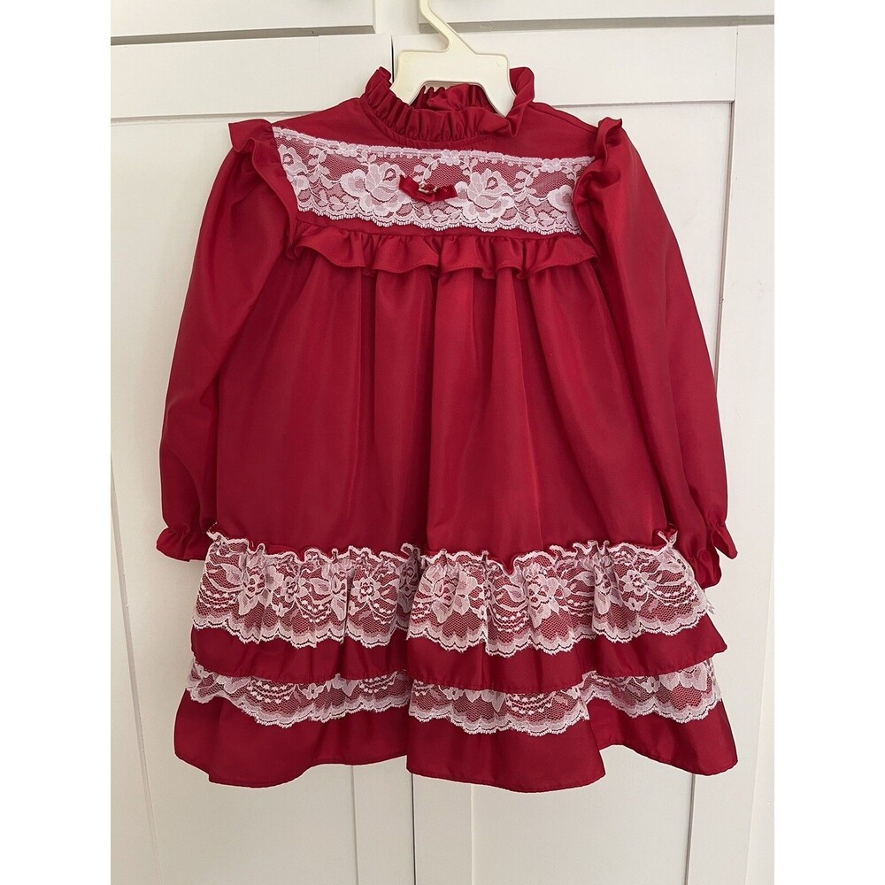 Vtg Toddler Girls Dress With Bloomers Size 4t Martha's Too Red Lace Christmas